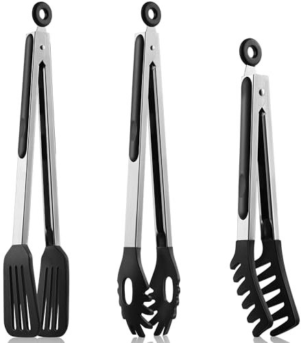3 Stück Küchenzange, 22,9cm und 30,5cm Kochzange 315℃ Hitzebeständige Grillzange Spaghettizange Nudelzange Edelstahl und Silikon Zange Küche, für Kochen, Grillen, Spaghetti, Salat (3 Stück)