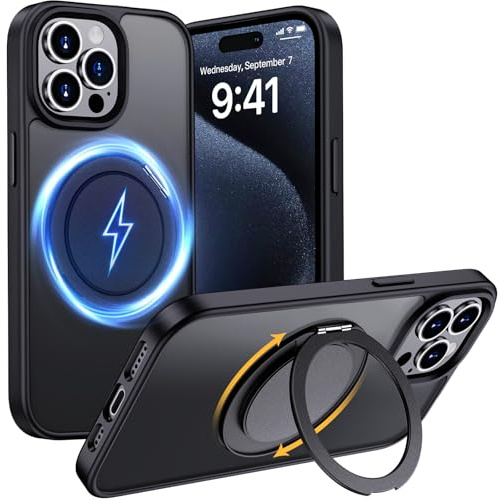 Aunote Magnetisch Hülle für iPhone 15 Pro 6,1 Zoll Kompatibel mit MagSafe, Stoßfest Matt Handyhülle mit Unsichtbar Ständer, Kratzfeste Rückseite Schutzhülle (Schwarz)