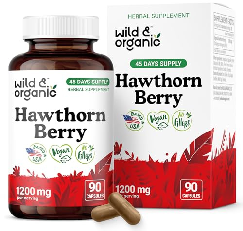 Wild & Organic Hawthorn Berry Capsules 1200 mg - Overall Support - Hawthorne Berry Supplement - Crataegus Monogyna Fruit Powder - 45 Days of Supply - Vegan, No Fillers, Non-GMO - 90 Count