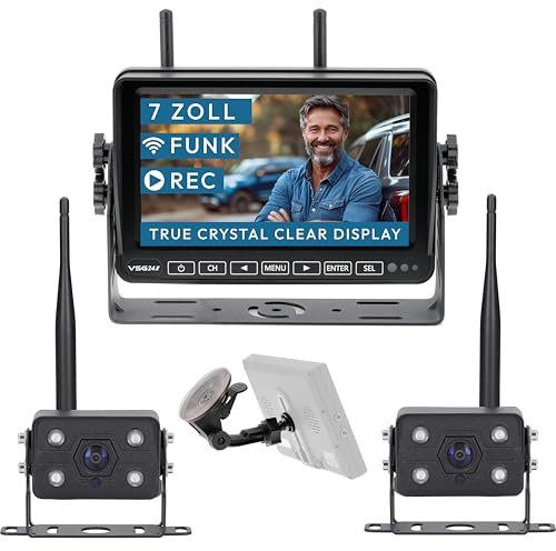 VSG24 7“ Element Wired PRO HD Funk Rückfahrsystem mit 2 Kameras für Wohnmobil & LKW, KFZ Set Rückfahrkamera kabellos + Monitor DIY Nachrüsten 12V-24V Kamera digital Auto Rückspiegel Pferdeanhänger