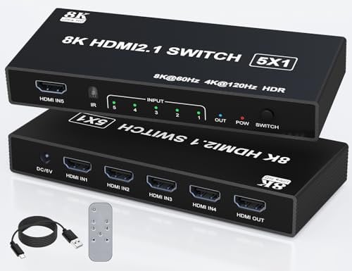 Répartiteur HDMI 120 Hz 4 K - 5 en 1 sortie 8K HDMI 2.1 avec télécommande 3D/HDR/HDCP2.3, compatible avec PS 5/4/3, Xbox Switch, lecteur DVD, TV, PC 4K 120 Hz HDMI Splitter