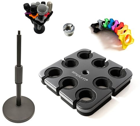 Simplurfi Multi Microphone Holder with Desktop Mic Stand - Square Tray Attachment holds up to 8 mics On Stage Organizer and Display - 8 Anti-roll Rings Included