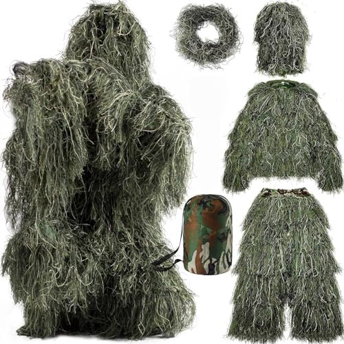 Beler Ghillie Suit, 5-teilige 3D Camouflage Anzug Jagdbekleidung, Tarnanzug für Jagd, Wald und Taktische Einsätze, Camouflage Set mit Jacke, Hose, Kopf (Waldgrün, M/L)