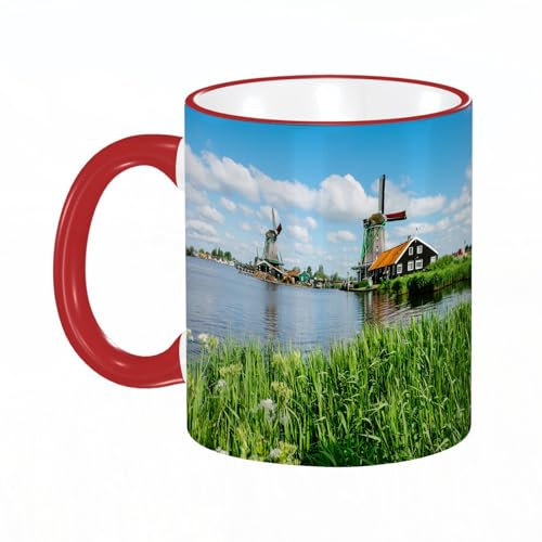 KDWJS Tazza in ceramica originale,bianco,11 once di tazze 330 ml tazza grande,tazza divertente - decora la tua tazza,Mulini a vento di Zaanse Schans - Paesi Bassi