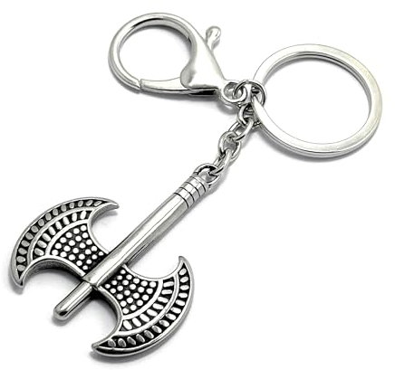 FizzyButton Gifts Double Blade Viking Axe Silver Tone Keyring Key Ring and Lobster Clasp With Stainless Steel Charm