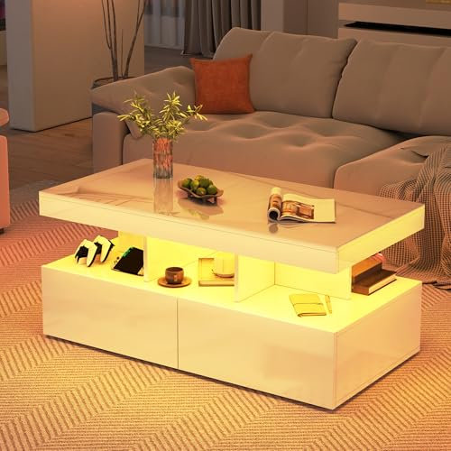 Plcnn Table Basse avec Lumières LED, Table Basse Salon avec 2 Tiroirs et Compartiment Ouvert, Table Basses Laquée pour Salon, Bureau, Salle,104x53x46 cm (Blanc)