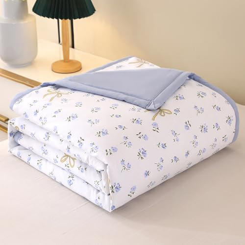 Odot Coverless Duvet King 4.5 Tog 200X230 cm - Summer King Girls Coverless Quilted Blue Flower Printed, Reversible Comforter Bedspreads Blanket Throw For Bed