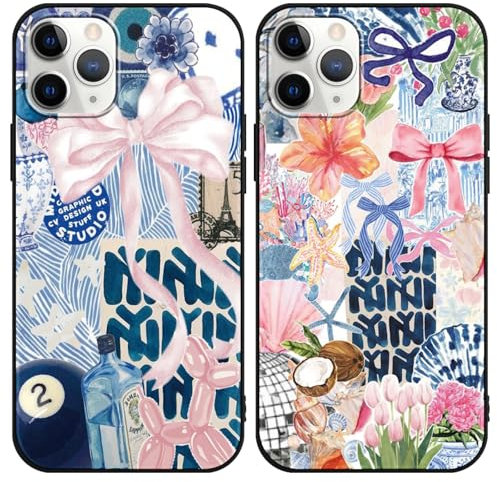 Phoona 2 Pack Cute Bow Case for iPhone 11 Pro 5.8, European Collage Preppy Summer Girly Design Pattern for Girls Women, Slim Soft Silicone Shockproof Bumper Protector Cover, Blue 01