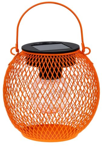 LED Solar Kugel-Laterne Metall Ø14 cm Mesh-Design | warm-weiß beleuchtet | Outdoor Gartenleuchte zum Hängen & Stellen | Solarbetrieben mitAkku | Deko-Lampe für Terrasse Balkon, Außenbereich (orange)