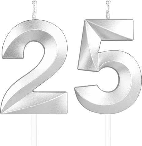 Yiran 3D Silber Geburtstagskerzen,Geburtstagskerzen Zahlen 25,Kuchendeko Geburtstag,Geburtstagskerzen für Geburtstagsdeko,Kuchen Dekoration für Männer Frauen Geburtstag Jubiläen Party