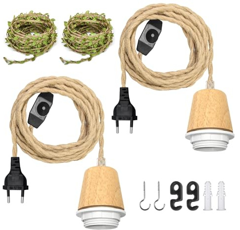 2 Stück Hanfseil Pendelleuchte mit Stecker, 5,1M Seil Kabel Hängelampe mit Dimmbare Schalter, Naturholzfarbe Lampenfassung Set inkl. 5 m Grüner Dekokordel für DIY Lampenschirm
