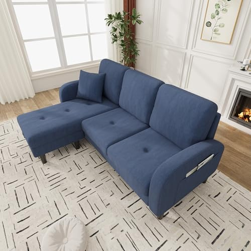 LinoraFurn 166x118x77cm,L-förmiges Ecksofa mit Chaiselongue – 3-Sitzer Sofa, Cordstoff, Kunststoffbeine, Modulares Design, Ideal für Wohnzimmer, Apartments und Büros (Blau)