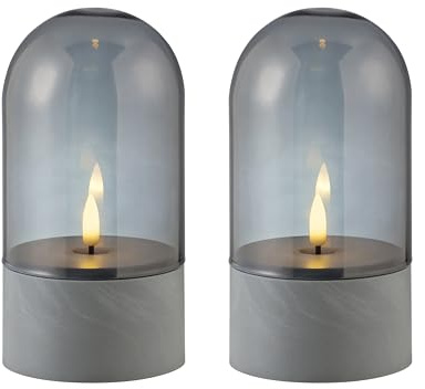 LED-Kerzen 2er-Set Tischleuchte Illusion, warmweiß 2500 K, akkubetrieben, Rauchglas, grau, dekoratives Flammendesign, kabellos, ideal für Wohnzimmer, Schlafzimmer, Terrasse, stimmungsvolles Licht