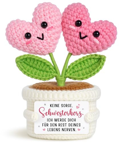 Juratar Lustiges Schwester Geschenk -Handgefertigte Häkel-Blume mit Herz | Geschenk Schwester Geburtstag, Schwesterherz Geschenk für Große & Kleine Schwestern Geburtstagsgeschenk 7*7*11 cm