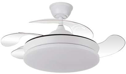 Vivid Torral Ventilador DC Tridente 59W Blanco con 4 Aspas Desplegables, Luz LED Regulable, Control Remoto y Temporizador, 91 cm Abierto, 40 cm Cerrado