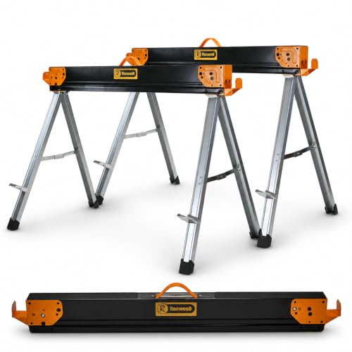 RocwooD Folding Saw Horse 1000KG Folding Twin Pack Easy Carry DIY Woodwork Heavy Duty Steel Workshop Stand A-Frame Support Pegs Woodworking Powder Coated