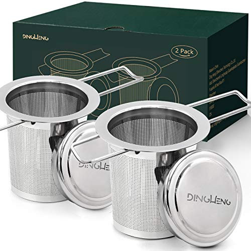 DINGHENG Teesieb Teefilter und Deckel/Abtropfschale, 2 Stück 304 Edelstahl Tee-Sieb für losen Tee,Premium Sieb,Faltbare Griffgestaltung Passend für die Meisten Tee-Tassen und Tee-Schalen