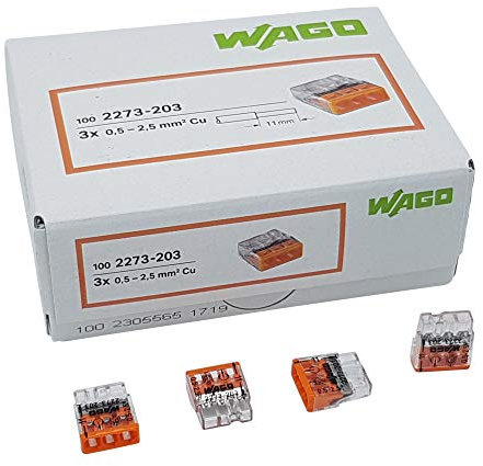 100 Stück Wago 2273-203 COMPACT-Verbindungsdosenklemme Ø 0,5-2,5 mm², 3-polig, transparent/orange