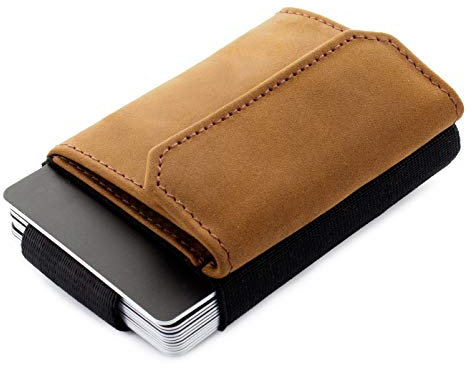 Jaimie Jacobs Minimalist Wallet Nano Boy Pocket Mini Geldbörse aus Textil mit Zugband schmaler Kartenhalter für Herren und Damen (Büffelleder Hellbraun)