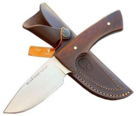 Muela Cuchillo de Caza RHINO-10R con Hoja de Acero Inoxidable MoVa de 10 cm y empuñadura de Madera de Coral de 12 cm para Caza, Pesca, Supervivencia y Bushcraft + Portabotellas de Regalo