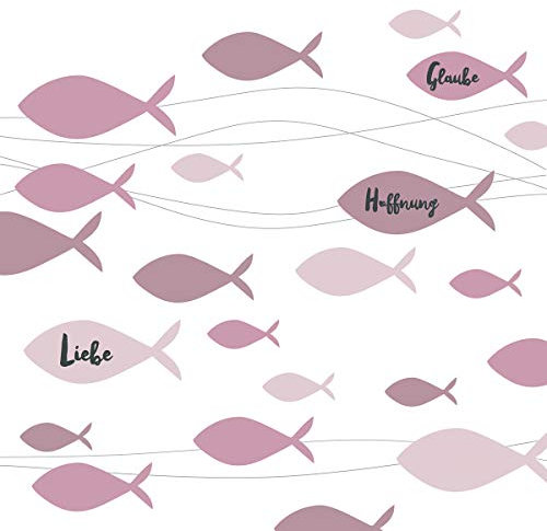 20 Servietten Fische mit Liebe, Glaube und Hoffnung rosa als Tischdeko zur Taufe, Kommunion und Konfirmation 33x33cm