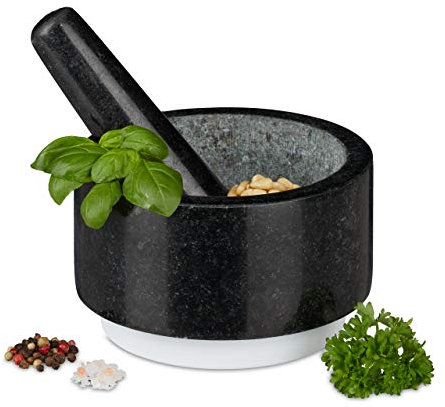 Relaxdays Mortero Granito con Mano, Resistente, Duradero, Especias, Moledor Piedra Pulida, 14cm Ø, 400ml, Gris/Blanco