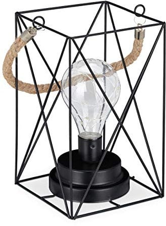 Relaxdays Tischlampe Vintage, Gitterlampe mit LED Glühbirne, warmweiß, batteriebetrieben, Drahtlampe industrial, schwarz, 22 x 15 x 13 cm