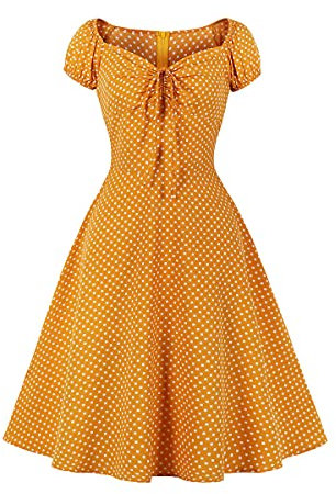 Wellwits Robe vintage pour femme avec devant plissé, Motif à pois, Pois blancs jaunes., 46-48