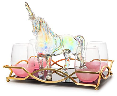 The Wine Savant Iridescent Unicorn Wine Whiskey Decanter Set 750ml With 4 Pink Sparkle Glasses for Wine, Whiskey, Scotch, Tequila or Any Drink by - Unicorn Gifts, Unicorn Lovers, 14 L, 10 W, 11 H