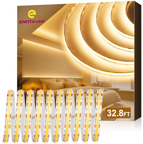 EMITEVER COB LED Strip Lights Warm White 32.8ft, 3000K 24V Dimmable Tape Light Premium High Density, 305LM+/ft, 4800LEDs, Ra 90+, 3W/FT, UL Listed for Cabinets, Shelves(Power Supply Sold Separately)