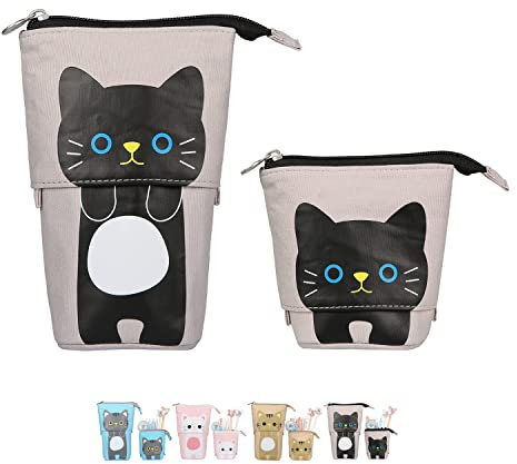 NEWUPZSI Federmäppchen Mädchen Reißverschluss 2-in-1 Cartoon Katze Schlampermäppchen Weihnachten Geschenke für mädchen Kinder Stifteköcher Einziehbares Ständer Bleistifthalter