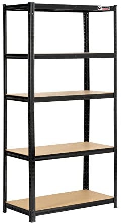 Rhino Racking – 5 Tier Heavy Duty Garage Shelving Units – 200kg Load Weight Per Shelf- 1000kg Per Unit – Black Storage Shelves – 180x90x45cm Adjustable Racks – Shed Shelving