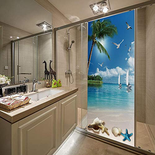 LuSeven stickers paroi de douche Belle plage océan 85x215cm(33.46 inches * 84.64 inches) Trompe l'oeil Décoration Pour Porte Cuisine Salon Chambre Salle De Bain Pour Les Murs Auto Adhésif Amovible Imp