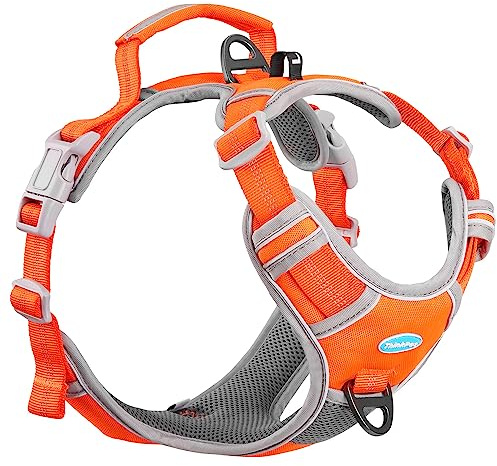 ThinkPet Anti Zug Hundegeschirr, Hundegeschirr mit Griff Leicht zu Kontrollierendem Hundegeschirr Verstellbar ohne Würgen Hundegeschirr Reflektierend Atmungsaktiv Gepolstert (S, Orange)