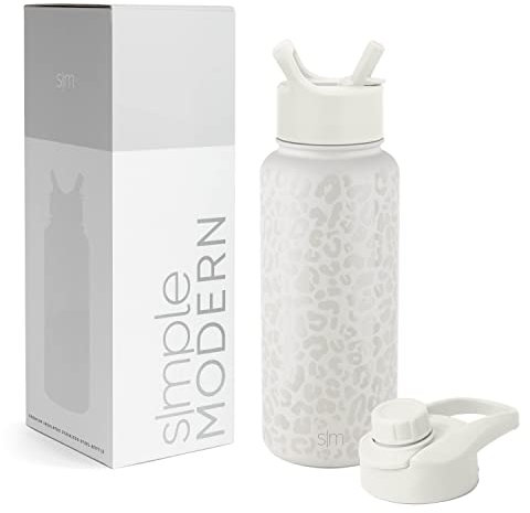 SIMPLE MODERN Wasserflasche mit Trinkhalm Wasserflasche mit Kippverschluss | Isolierte EdelstahlThermoskanne für den Sport Fitnessstudio | Summit Sammlung | 1L | Cream Leopard