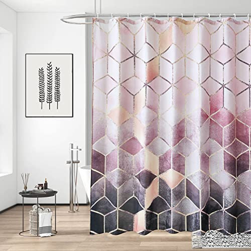 Trimming Shop Rideau de douche en tissu polyester résistant à la moisissure et à la moisissure avec 12 crochets de rideau imperméable 180 x 180 cm de long, motif géométrique rose et gris