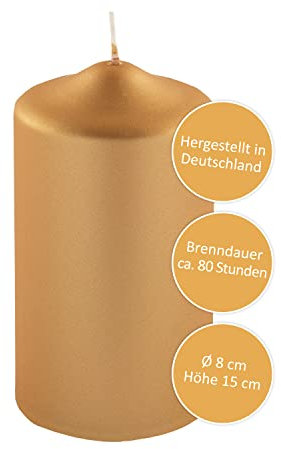 FINK goldene Kerzen für festliche Tischdekorationen Hochzeit Jubiläum Geburtstag- rußarm - lange Brenndauer ca 80 Stunden - Weihnachtsdeko H 15 D 8 cm