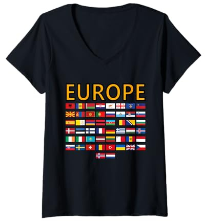 Damen Flaggen von Europa, Europa Reise World Geographie Länderflaggen T-Shirt mit V-Ausschnitt
