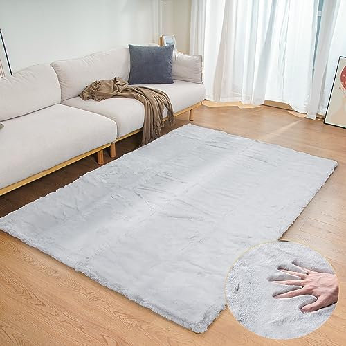 ORINOVA Teppich Wohnzimmer Grau Waschbar Kunstfell Flauschiger Teppich 120x180 cm Schlafzimmer Kinderzimmer Weich Rechteckig