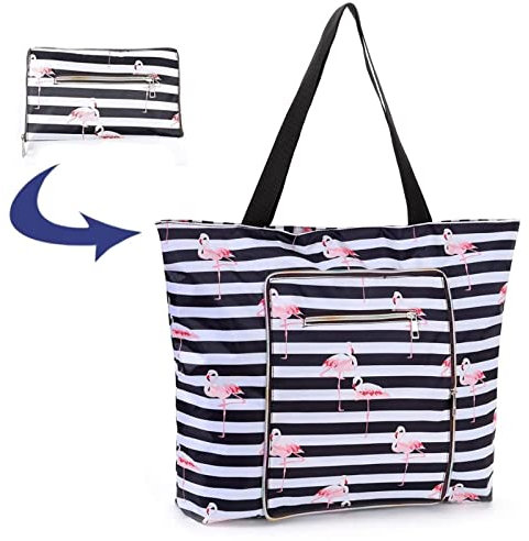Rayson Faltbare Strandtasche Damen mit Reißverschluss Groß 46x10x43 cm Sommertaschen Badetasche xxl Familie Handtasche Shopper(Fenicottero a righe nere,S)