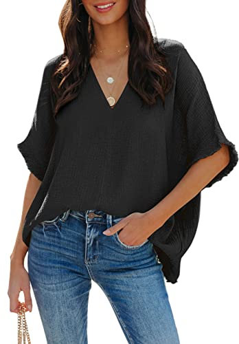 Dokotoo Damen Bluse V-Ausschnitt Musselin Tunika Shirt Oberteil Kurzarm Oversize Longshirt Sommerbluse Tops, schwarz, XL