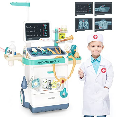 Fegalop Medizinisches Spielzeug Doktor Spielzeug Set für Jungen & Mädchen Mobile Cart mit Lichtern, Eye Chart, Thermometer, Stethoskop, Puls Maschine, großes Geschenk für Kleinkinder (28PCS)