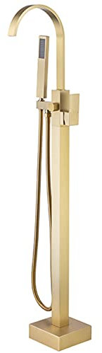 SWHC Robinet de Baignoire avec Douchette, Rotation à 360° Robinet de Baignoire Ilot à Poignée Unique Baignoire Robinet Mitigeur au Sol Cascade Mitigeur de Baignoire Ilot Laiton Or Brossé