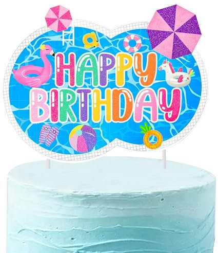 Summer Pool Party Cake Topper Summer Beach Birthday Cake Decorations Tropical Hawaii Happy Birthday Cake Pick for Swimming Pool Theme Baby Shower Supplies