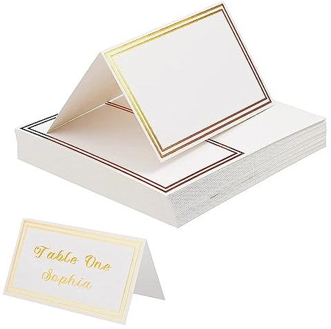 50PCS WhiteTable Place Cards,Wedding Name Cards Place Cards with Double Gold Border for Weddings Greenery Table Seating Cards Paper Tented for Table Setting Wedding Birthday Dinner Party