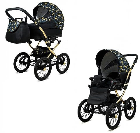 BabyLux® Bambimo Kinderwagen Set 2 in 1 - Margaret Gold - incl. Babywanne, Buggy Sportsitz - Kinderwagenset - Kombikinderwagen mit Wickeltasche, Regenschutz, Moskitonetz, Cupholder usw.