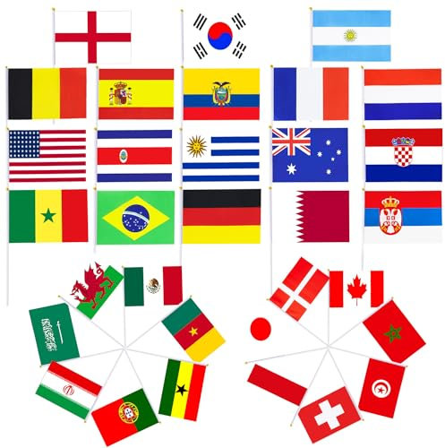 AOOTUERL 32 Länder Euro Flagge Klein, 32 Länder Doppelseitige Stoff EM Deko Handgehaltene Flaggen, Olympische Fahne Klein für Olympia Eurovision Haus Bar Party Deko