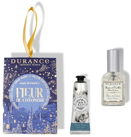 Durance Handcreme mit Baumwollduft 30ml & Kissenspray 50ml - Duo Geschenkset für Weihnachten - Feuchtigkeitscreme mit Süßmandelöl - Entspannendes Kissenspray Heimduft