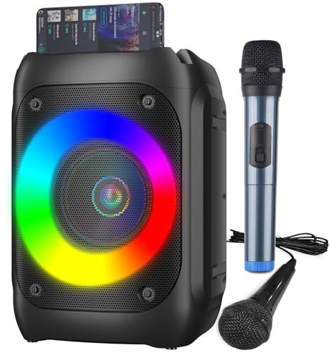 Ankuka Karaoke 2 Microfonos Karaoke Profesional Altavoz Bluetooth Portátil con 1 Micrófono Inalambrico & 1 Micrófono con Cable Sistema PA con Luz Discoteca, Soporta Bluetooth/TF/USB/AUX/FM/TWS