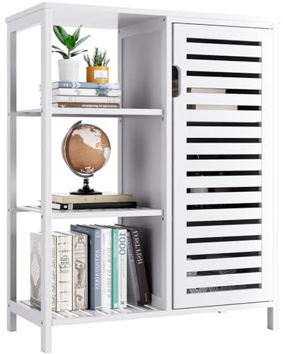 HITNET Gabinete de Baño Blanco, Organizador de Almacenamiento Lateral con Puerta y Estantes, Armario de Cocina, Multiusos Bambú Mueble de Baño para Espacios Pequeños
